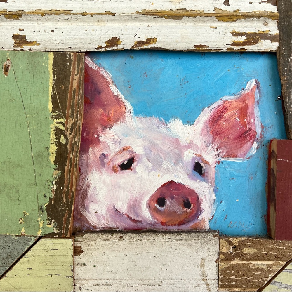 CORINNE GALLA Oil Painting Mixed Media “Hi! It’s Me, Eldin” Happy Pig